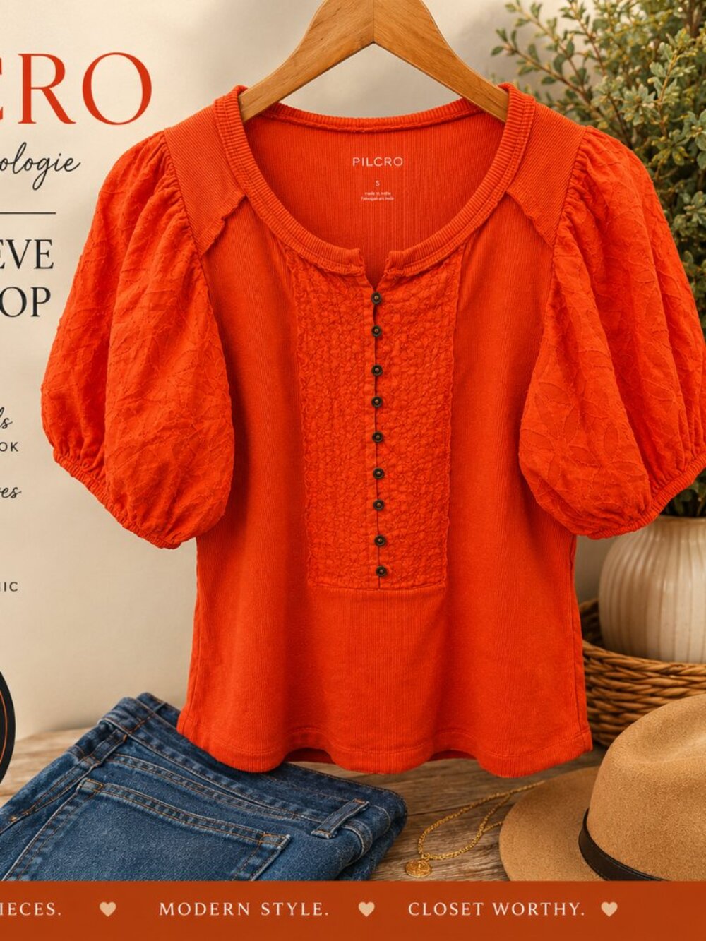 PILCRO Puff Sleeve Mixed-Texture Top S